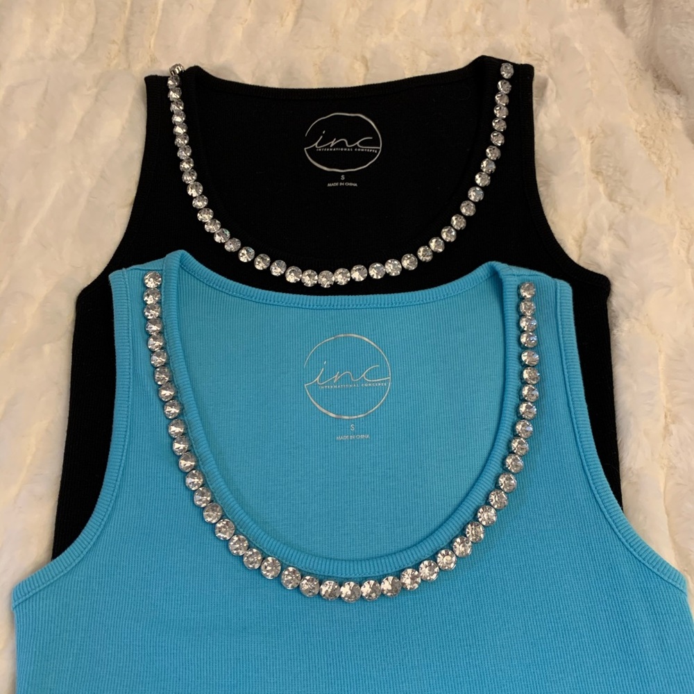 2 INC Ribbed Knit Tanks with Rhinestone Neckline